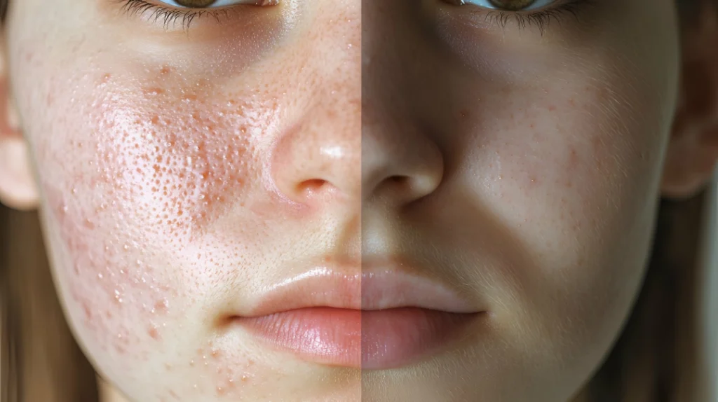 A before-and-after comparison highlighting the transformative effects of a chemical peel.