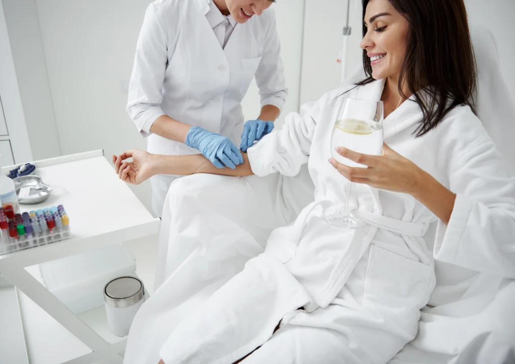 A patient receiving IV therapy in a relaxing clinical environment.