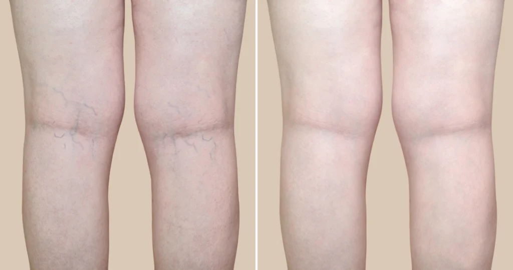 Before and after treatment for spider veins on the knees.