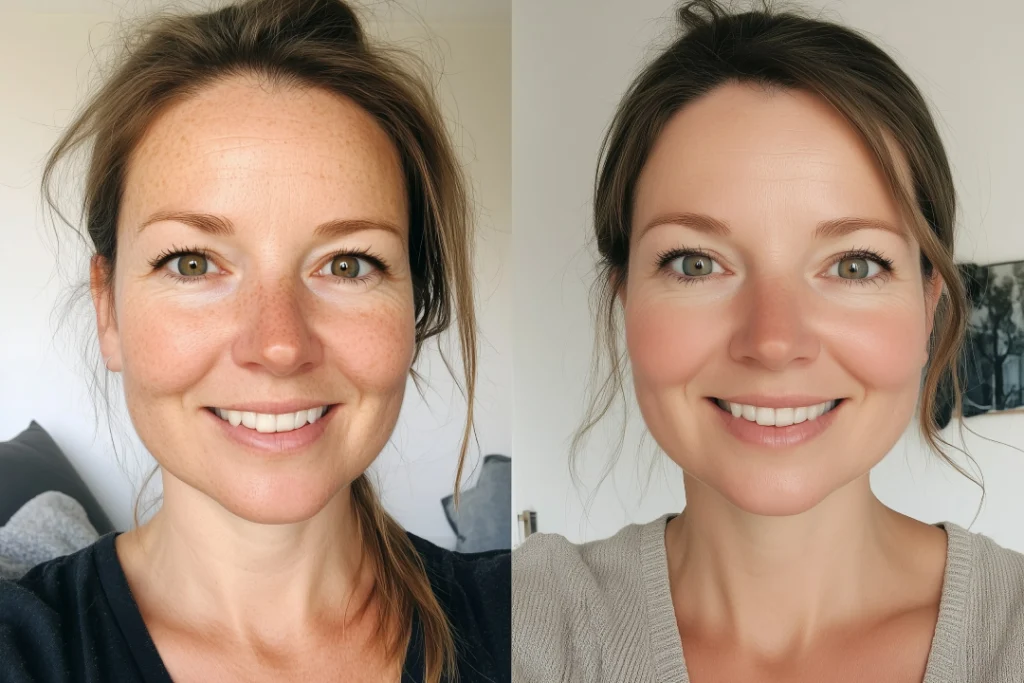 A side-by-side comparison of a woman’s face before and after PRF treatment, showing improved skin texture.
